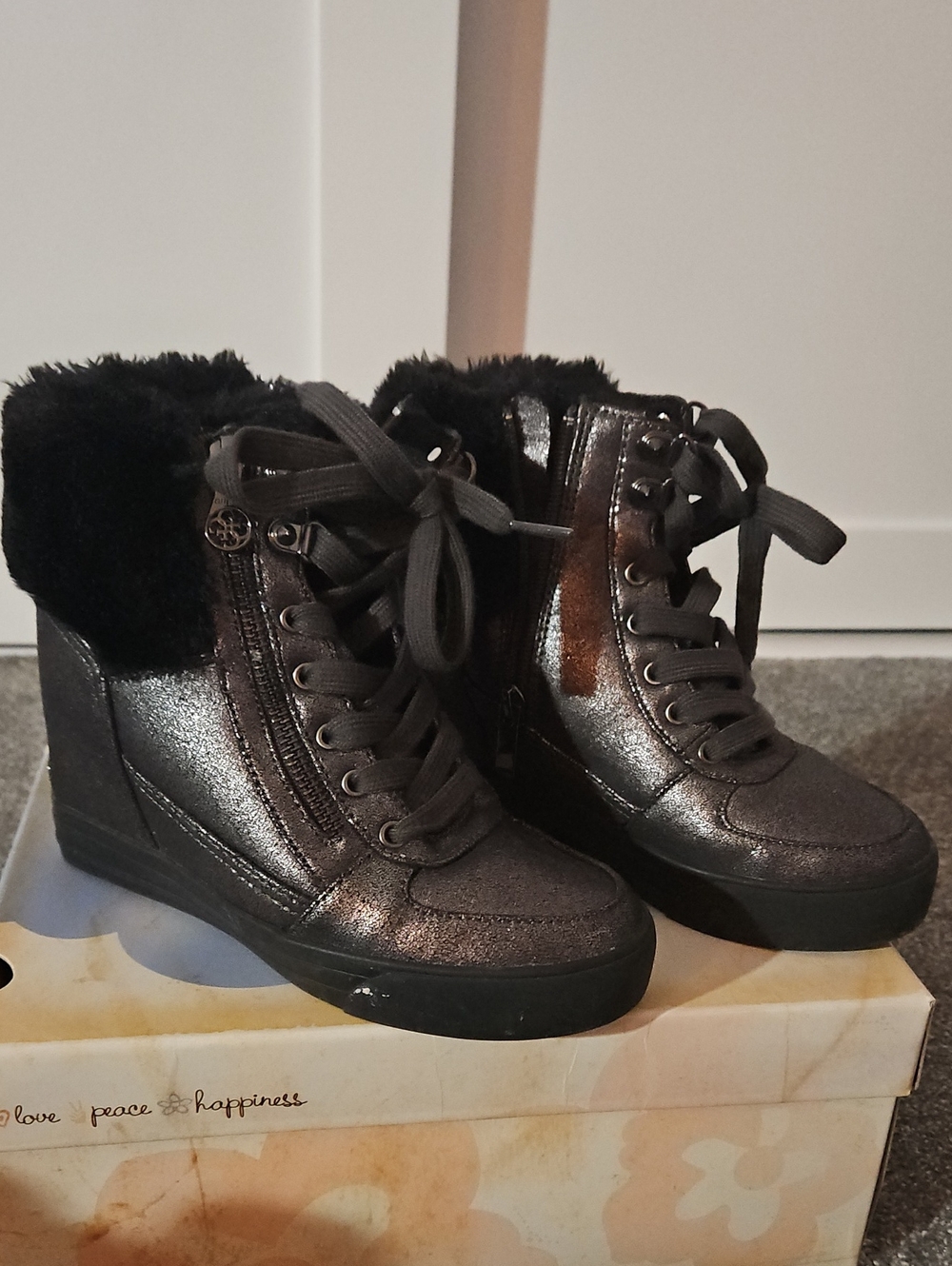 Guess Metallic Black Wedge Lace-Up Sneakers with Faux Fur Collar